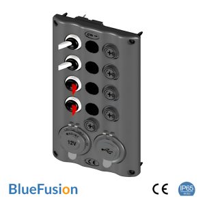 12V Switch Panel with Glow RED Toggles, 4 Gang + 2 Power Sockets, IP65 Rated - BlueFusion