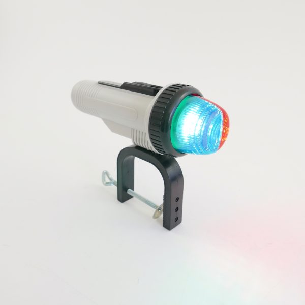 LED Bow Portable Nav Light with clamp - side view with green and red light